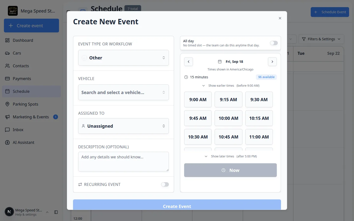 Create New Event window with event type, vehicle, assigned to, description on the left, and All day plus time slots on the right