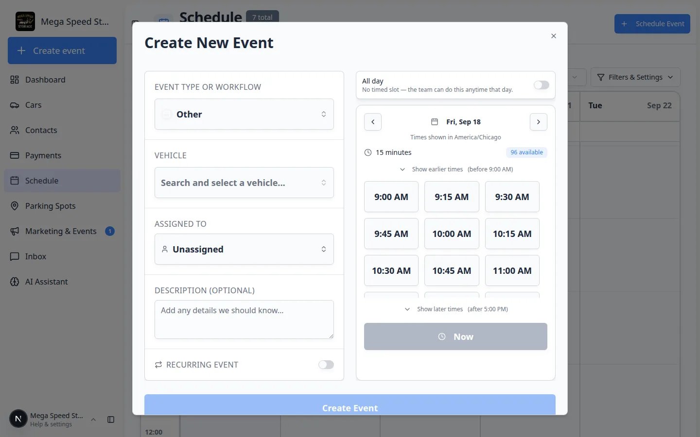 Create New Event window with event type, vehicle, assigned to, description on the left, and All day plus time slots on the right