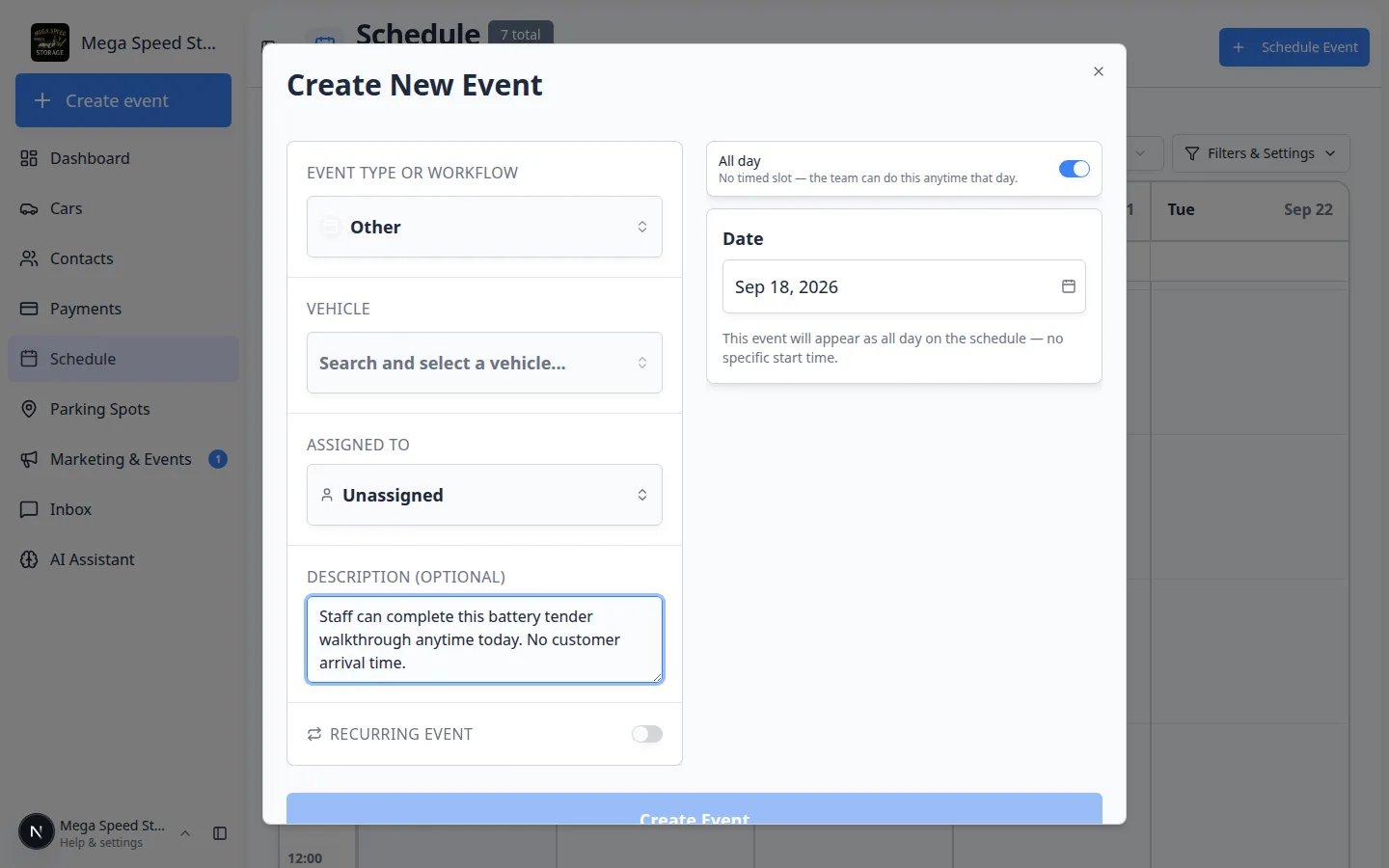 Create New Event window with All day turned on, time slots hidden, and a Date picker with helper text that the event has no specific start time