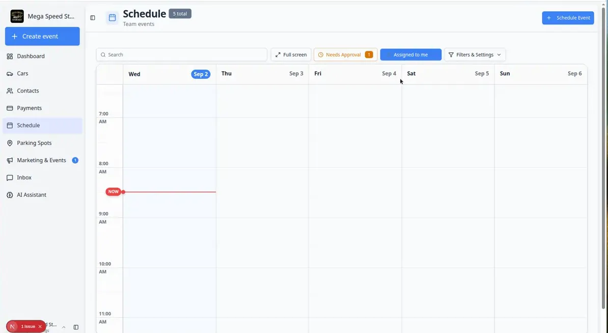 Schedule page with Assigned to me filter active showing only events assigned to the signed-in staff member