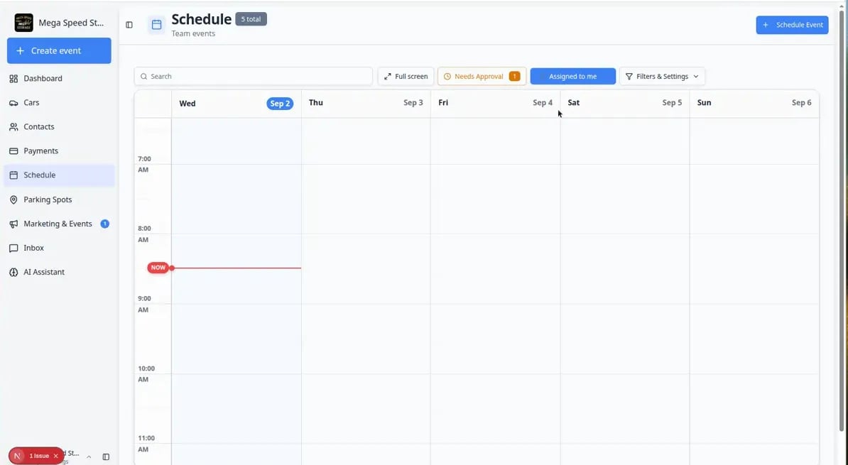 Schedule page with Assigned to me filter active showing only events assigned to the signed-in staff member