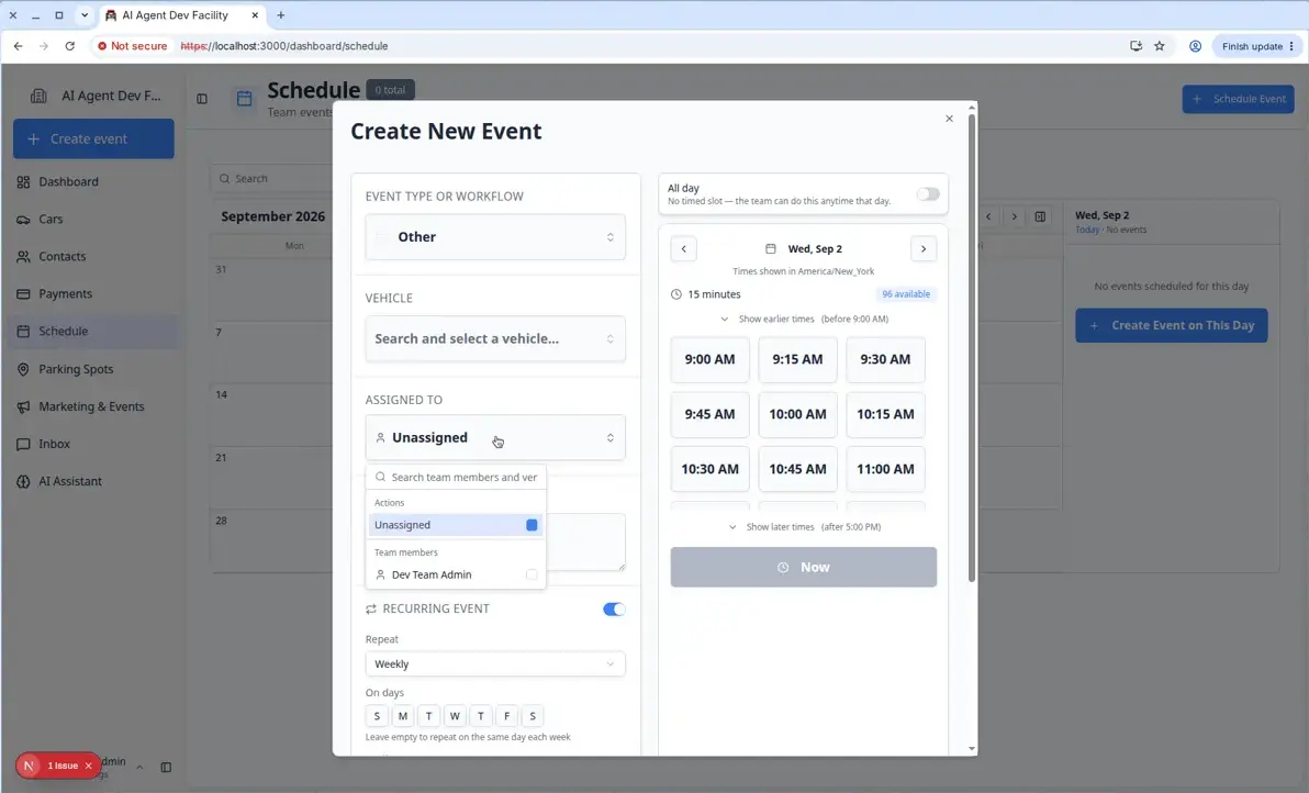 Create New Event dialog with the Assigned to picker open showing team members and vendor partners with checkboxes
