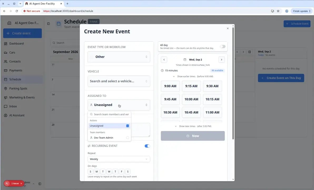 Create New Event dialog with the Assigned to picker open showing team members and vendor partners with checkboxes