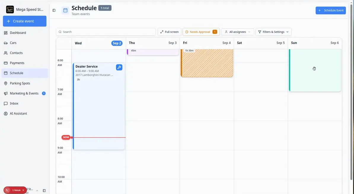 Schedule calendar in 5 Day view showing multiple events with color coding and small icons on event blocks