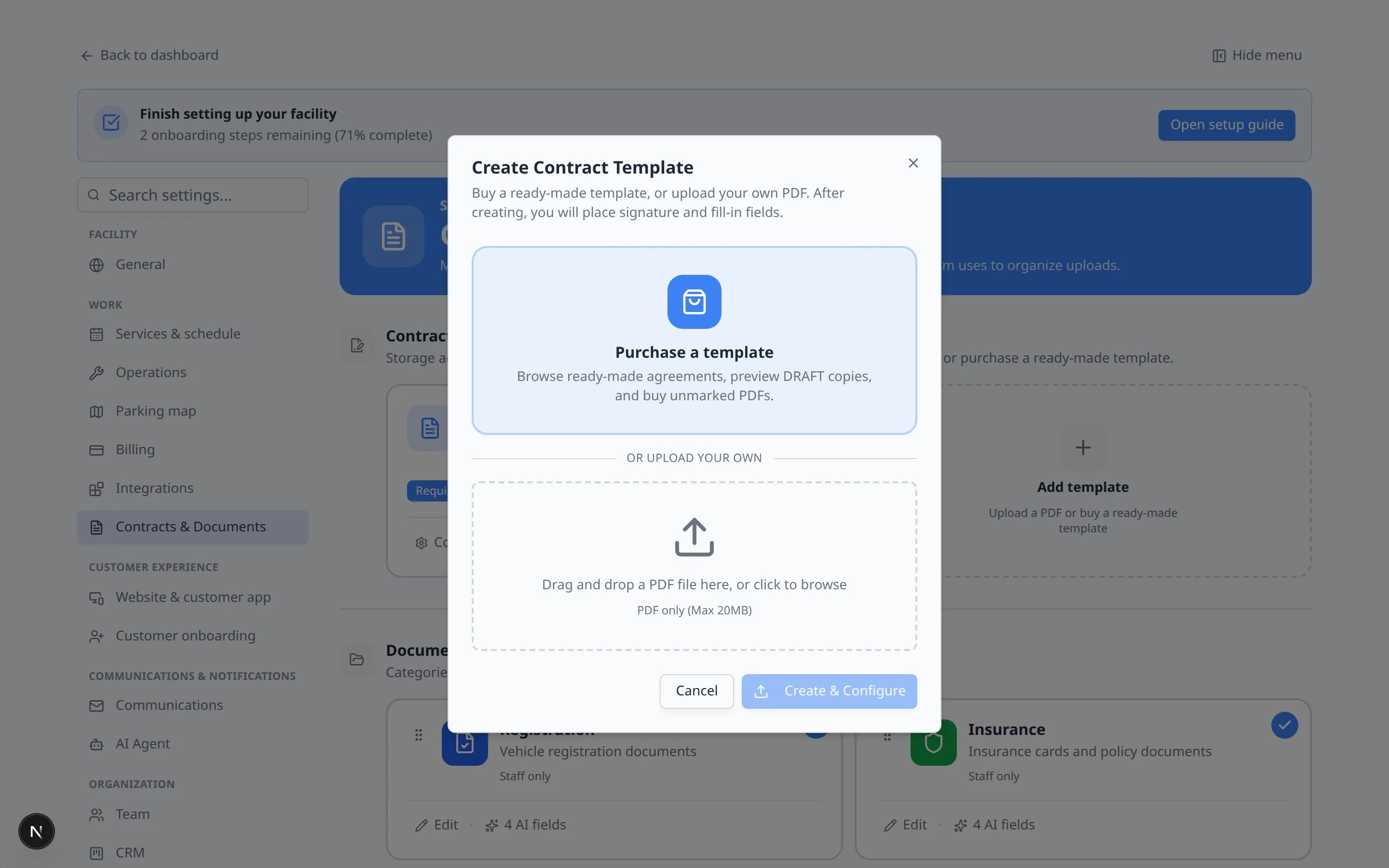 Create Contract Template window with a Purchase a template card on top and a PDF upload box below