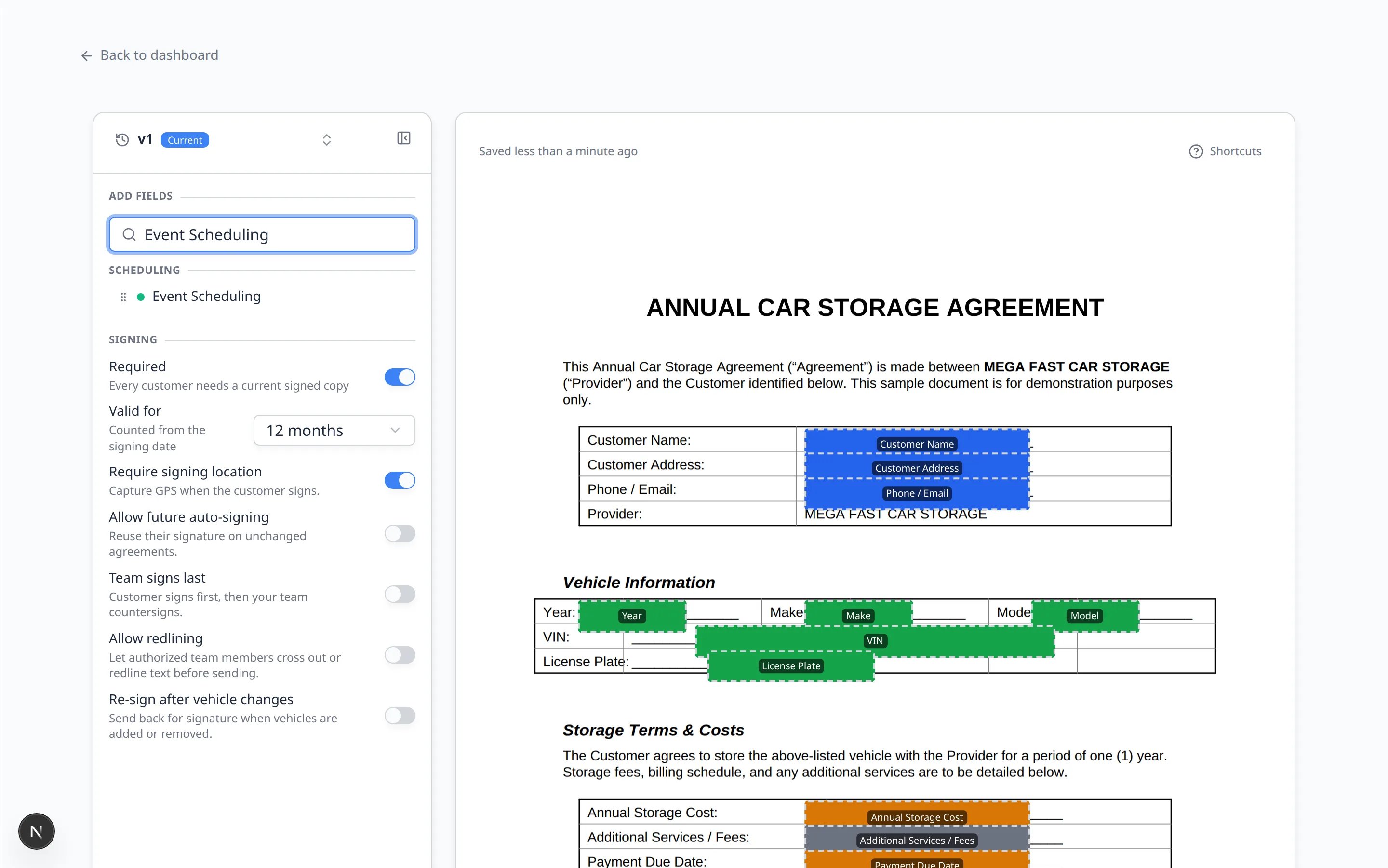 Template editor with Event Scheduling typed in the search box and the Scheduling field listed above signing options