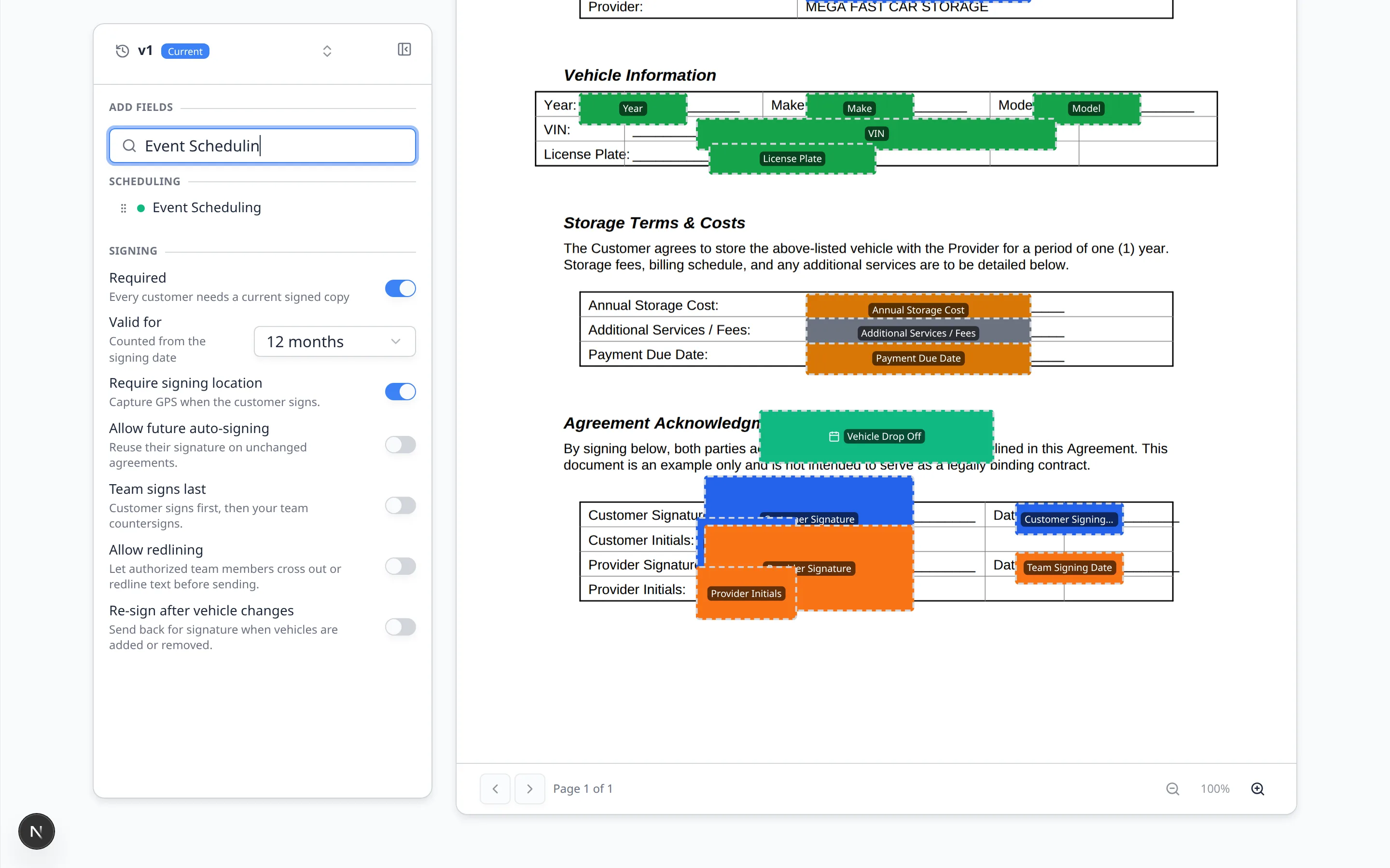 Annual Car Storage Agreement PDF with a green Vehicle Drop Off scheduling box above the signature lines