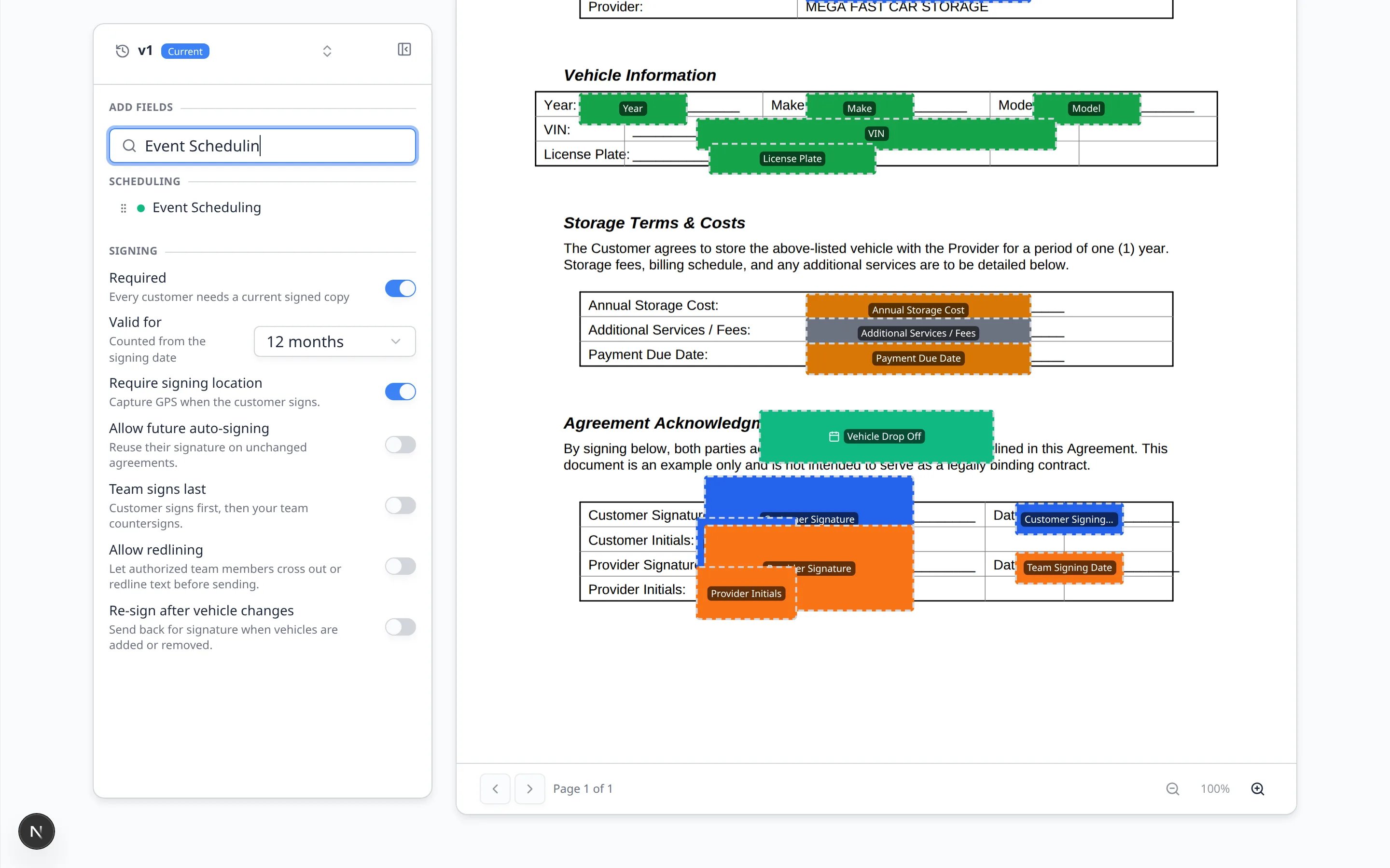 Annual Car Storage Agreement PDF with a green Vehicle Drop Off scheduling box above the signature lines