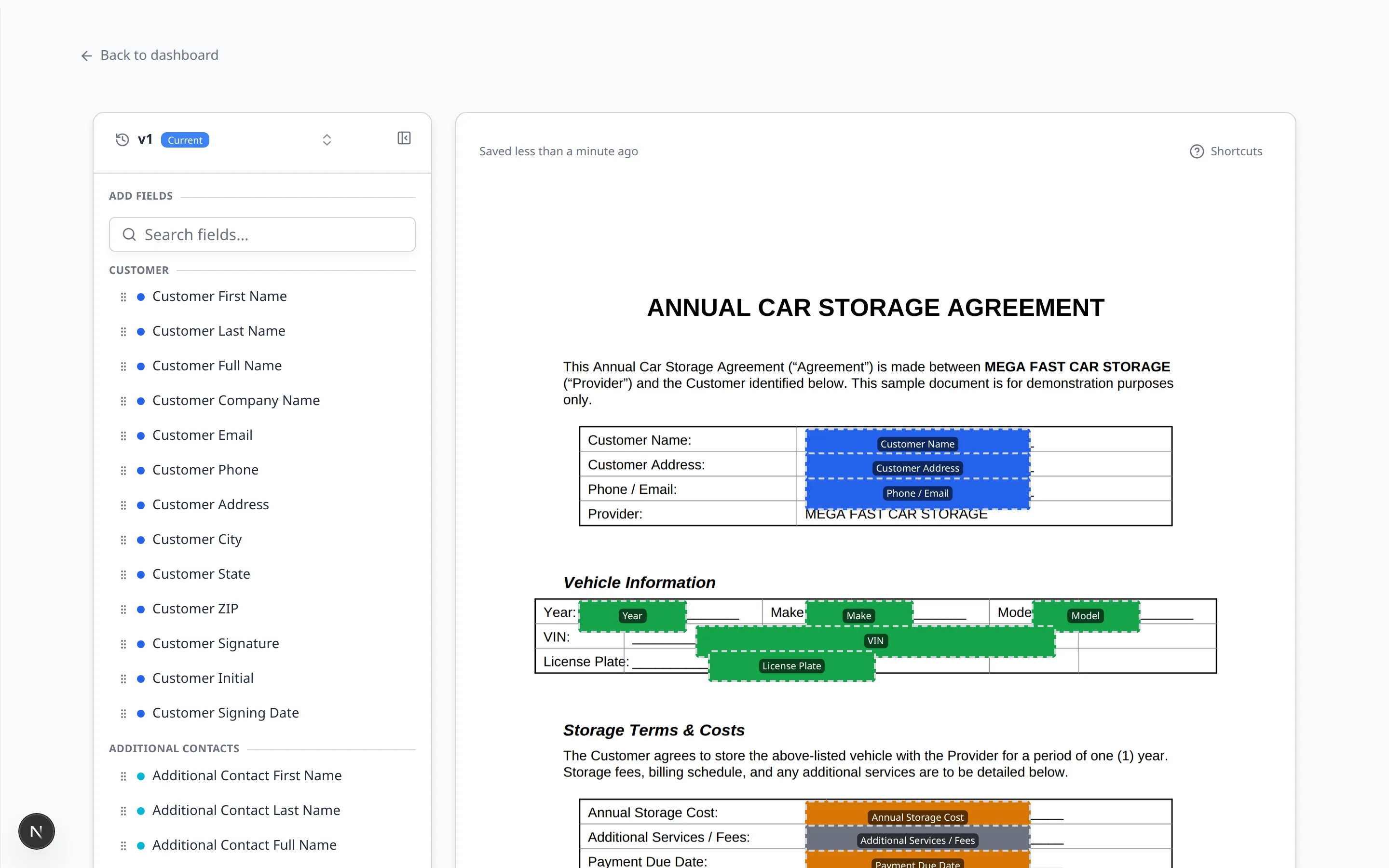 Contract template editor showing Add Fields on the left and a filled Annual Car Storage Agreement PDF on the right
