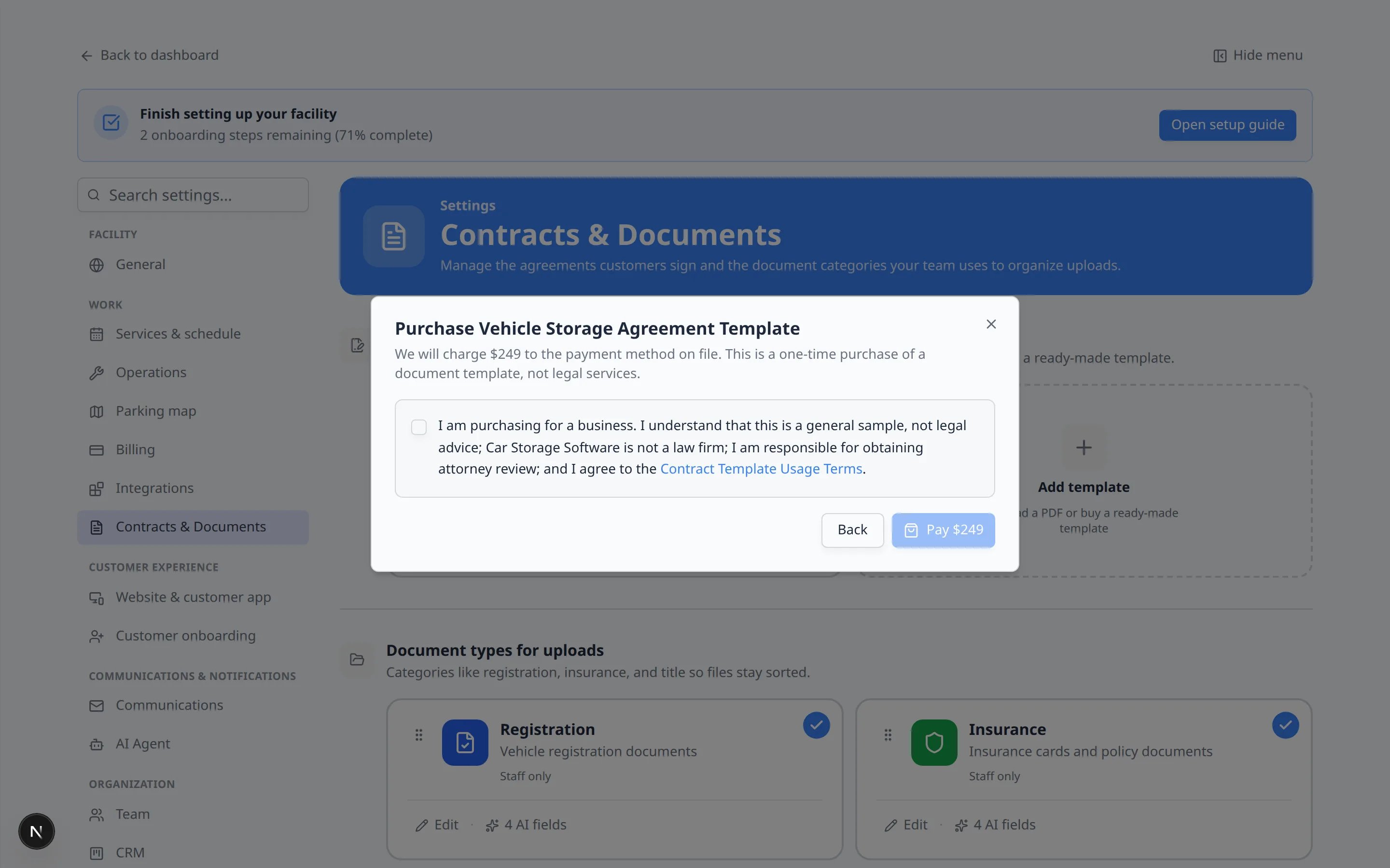 Purchase Vehicle Storage Agreement Template window with terms checkbox and Pay $249 button