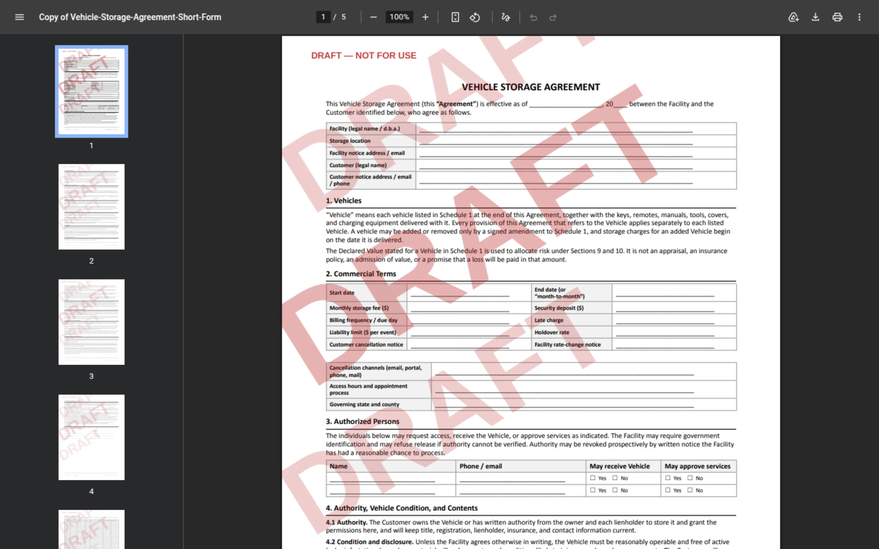 DRAFT Vehicle Storage Agreement PDF with a large DRAFT NOT FOR USE watermark across the first page