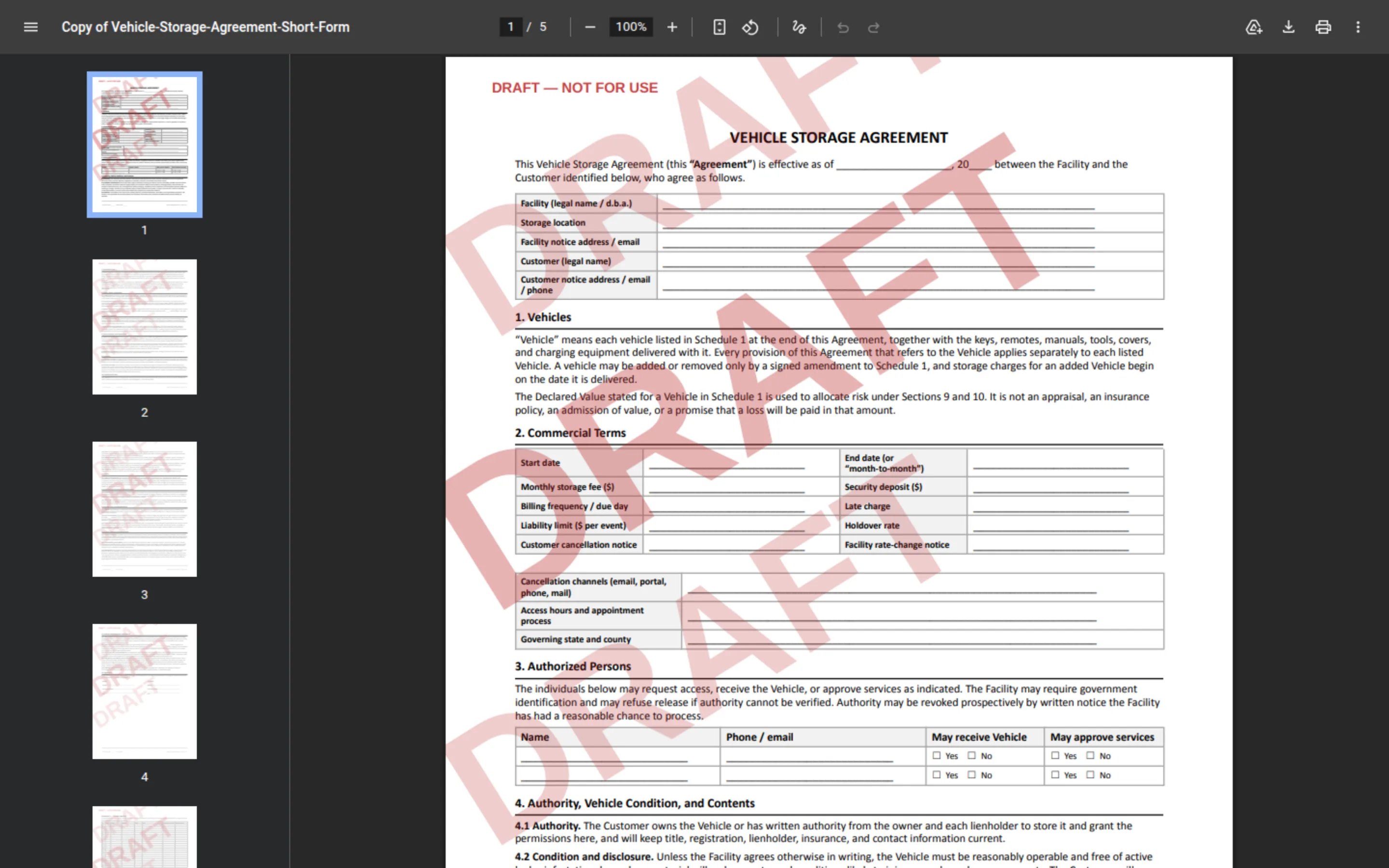 DRAFT Vehicle Storage Agreement PDF with a large DRAFT NOT FOR USE watermark across the first page