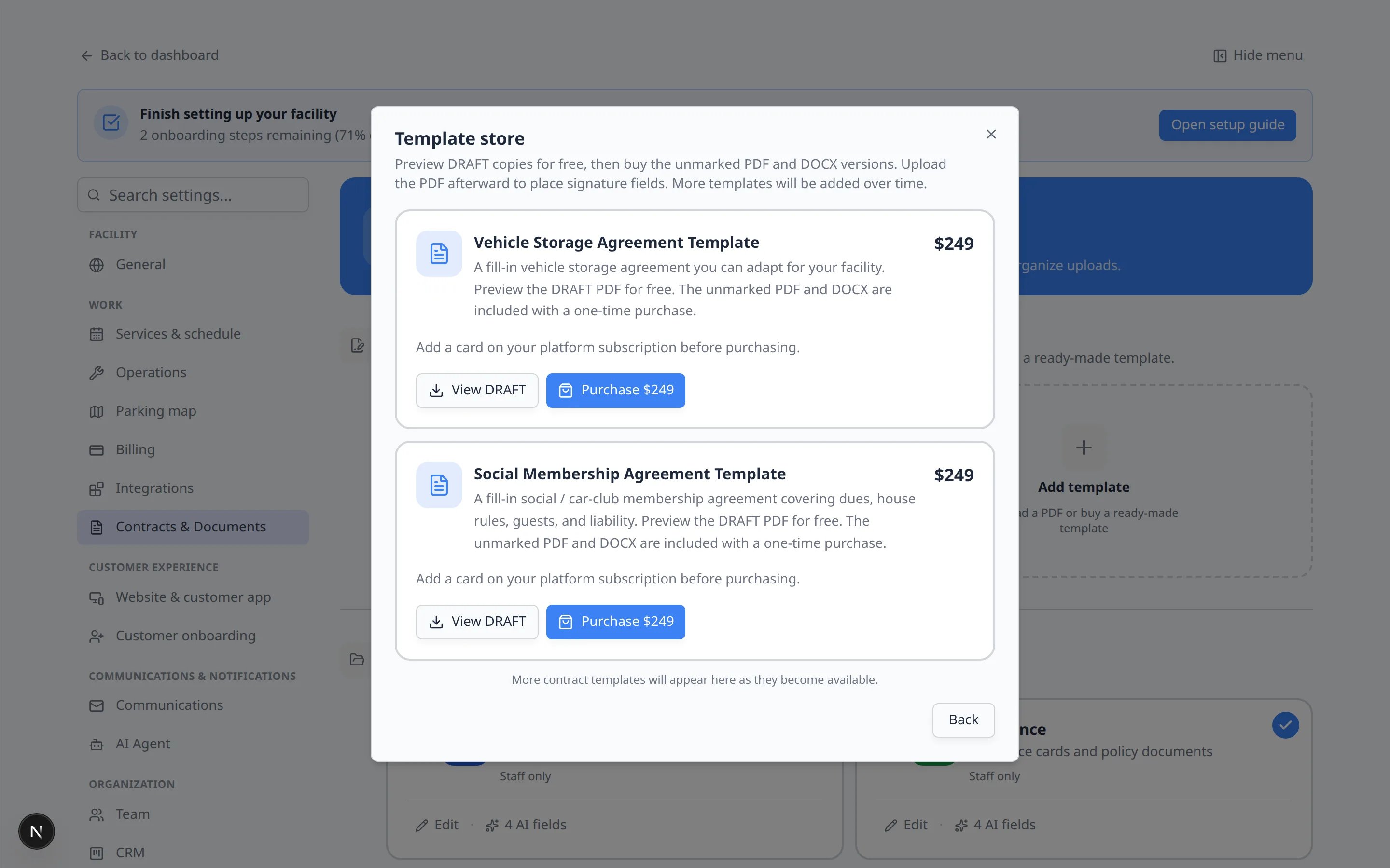 Template store window listing Vehicle Storage Agreement Template and Social Membership Agreement Template for $249 each with View DRAFT and Purchase buttons