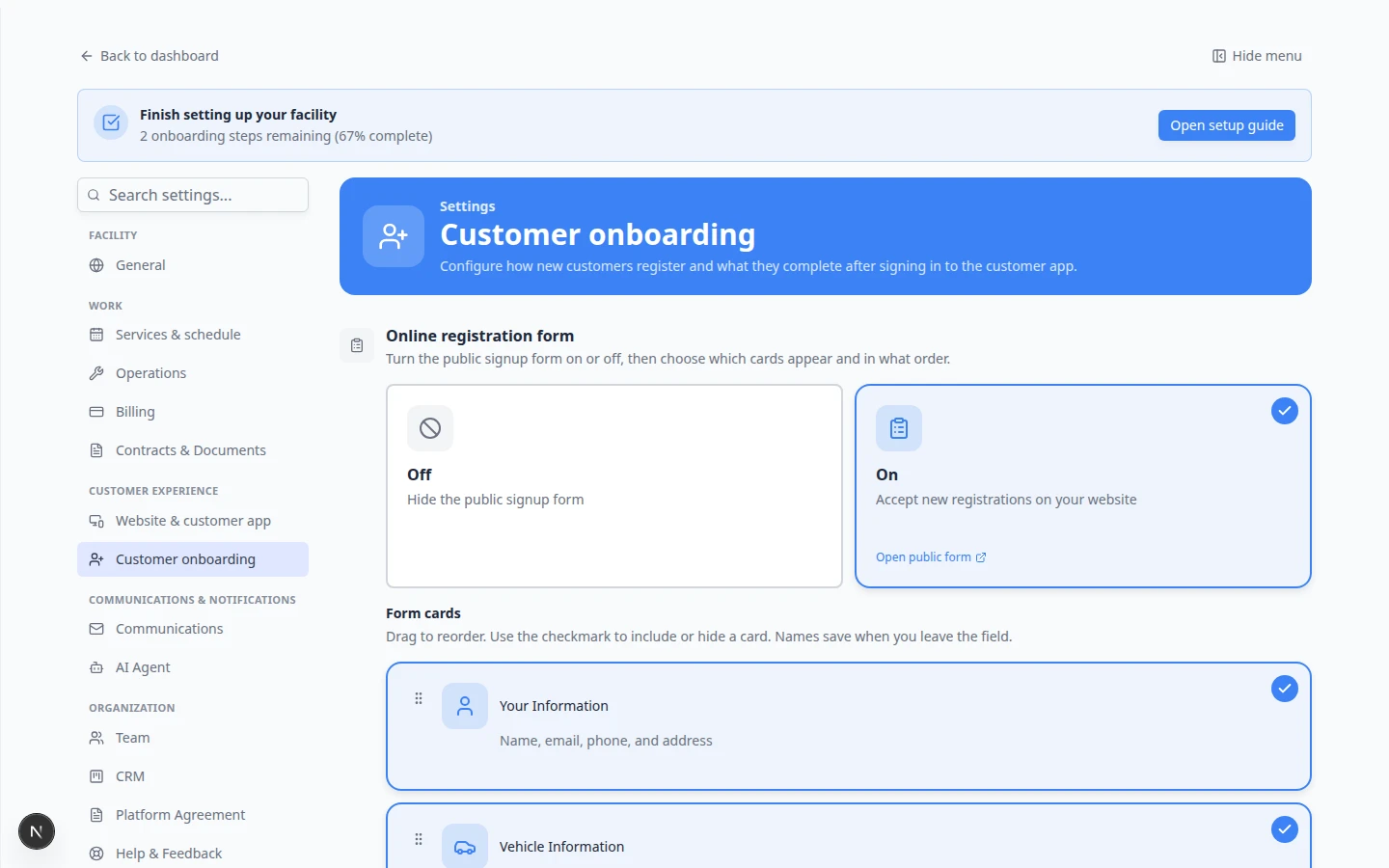 Customer onboarding settings showing Online registration form enabled and Form Cards list