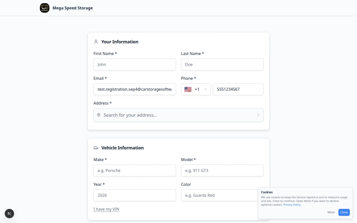 Public registration form partially filled with test customer name, email, and phone before submit