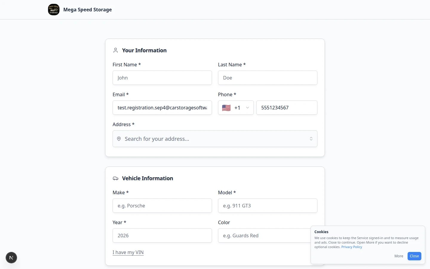 Public registration form partially filled with test customer name, email, and phone before submit