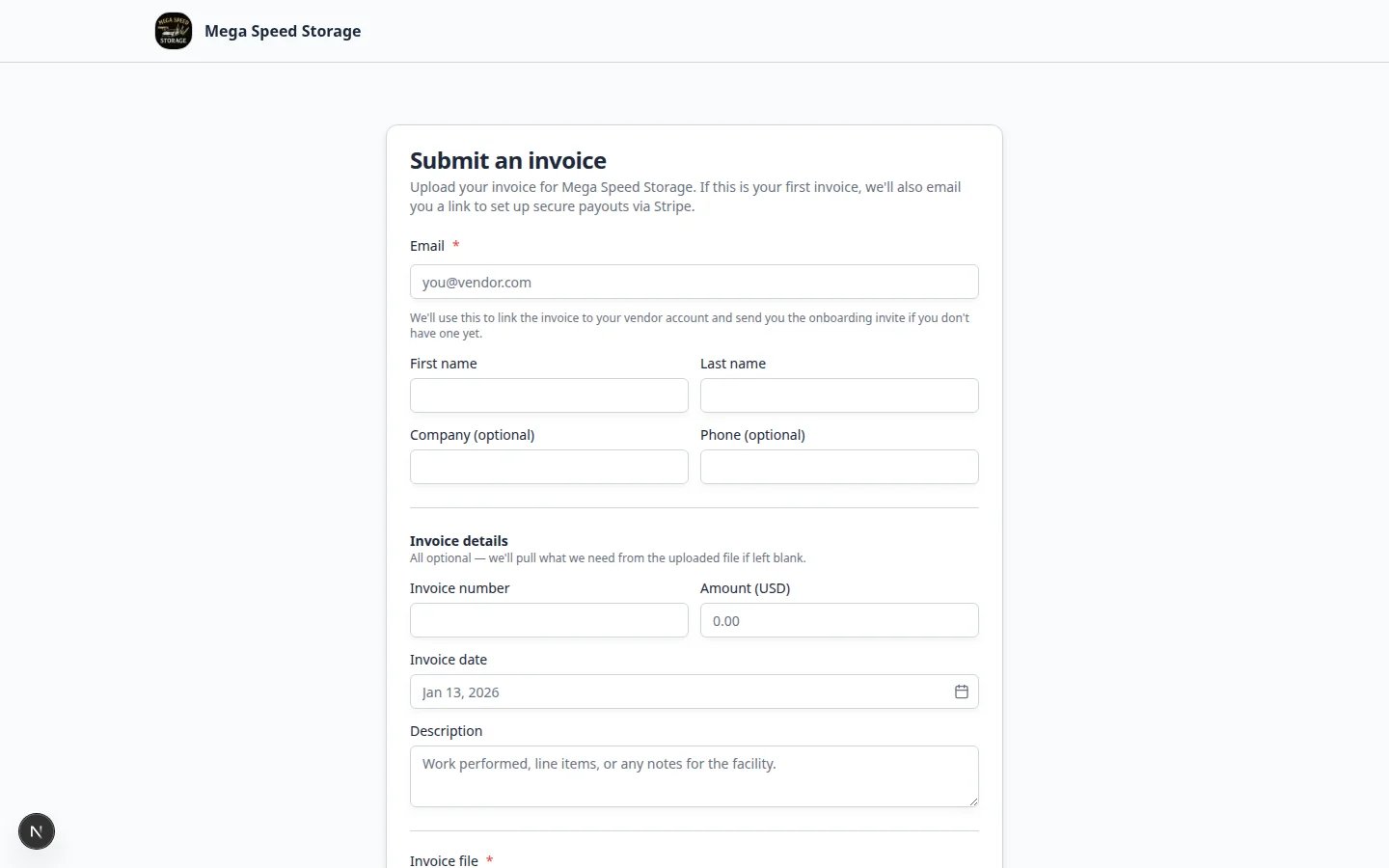 Vendor invoice form partially filled with name, email, invoice number, and amount before file upload