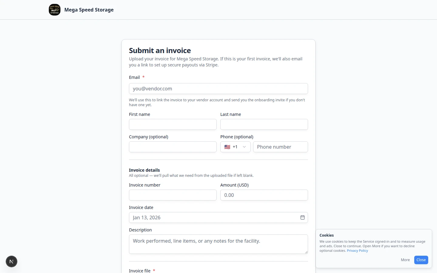 Public vendor invoice form with name, email, invoice number, amount, and file upload fields on a populated demo facility page