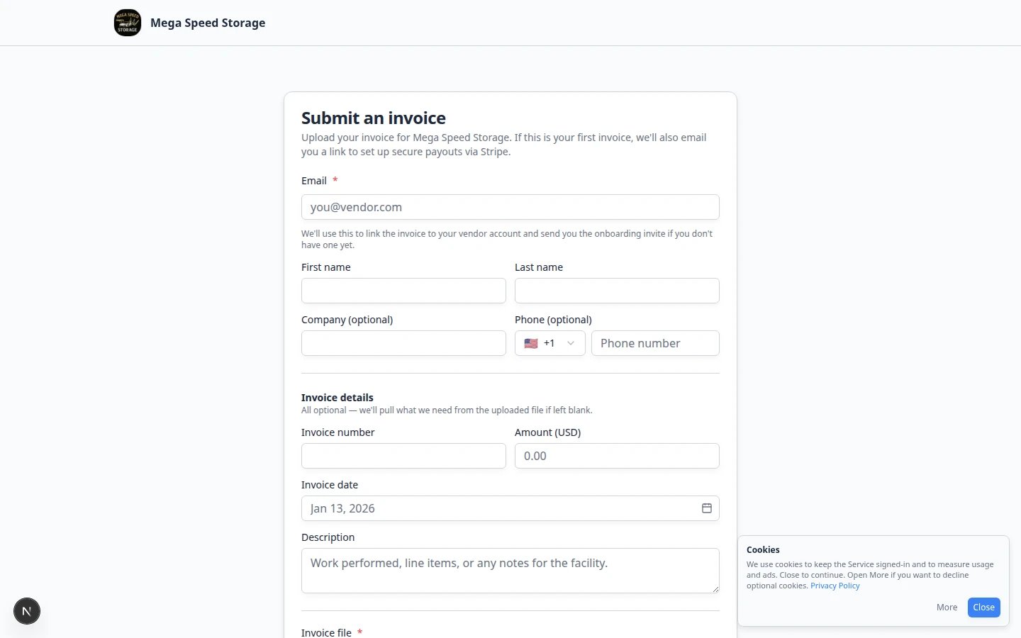 Public vendor invoice form with name, email, invoice number, amount, and file upload fields on a populated demo facility page