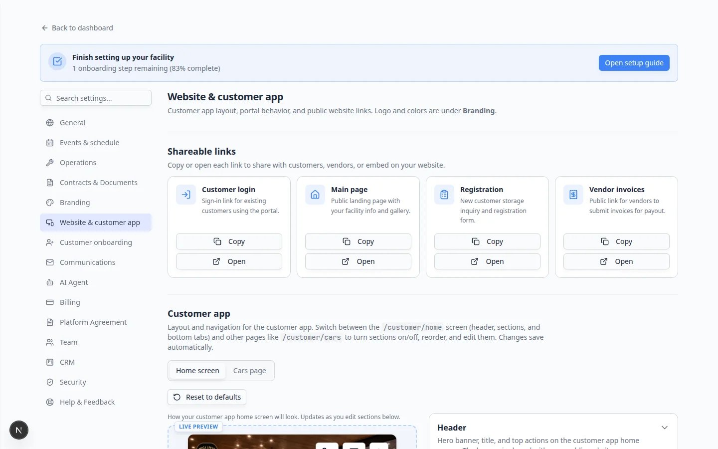 Website settings page scrolled to show Shareable links with Vendor invoices card visible after enabling the portal