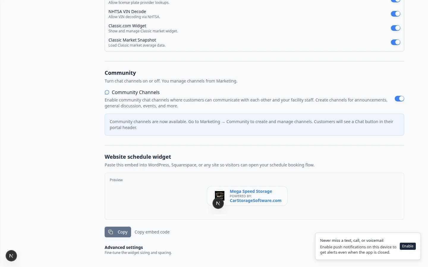 Website schedule widget section showing embed code preview and Copy embed code button