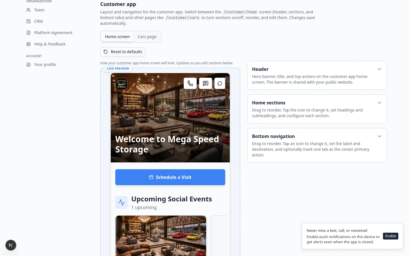 Customer app live preview on Website settings showing mobile home screen with facility gallery and upcoming events