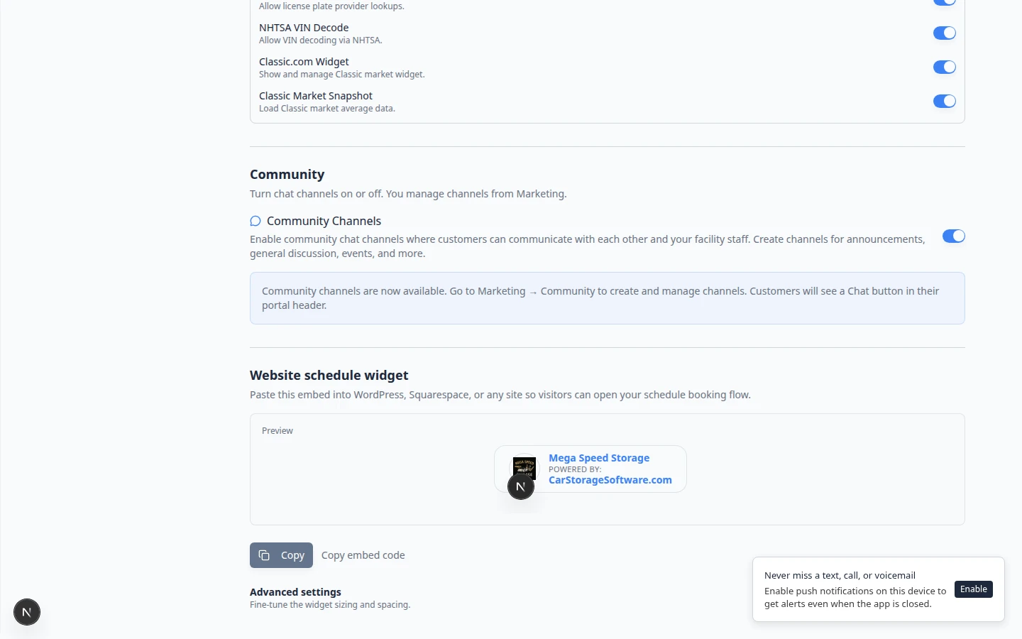 Website schedule widget section at the bottom of Website settings showing embed code preview and Copy embed code button