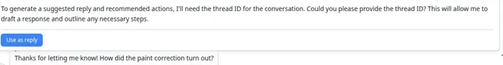 Inbox showing an AI Suggestion panel with a drafted customer reply and recommended action buttons