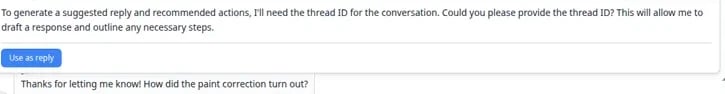 Inbox showing an AI Suggestion panel with a drafted customer reply and recommended action buttons
