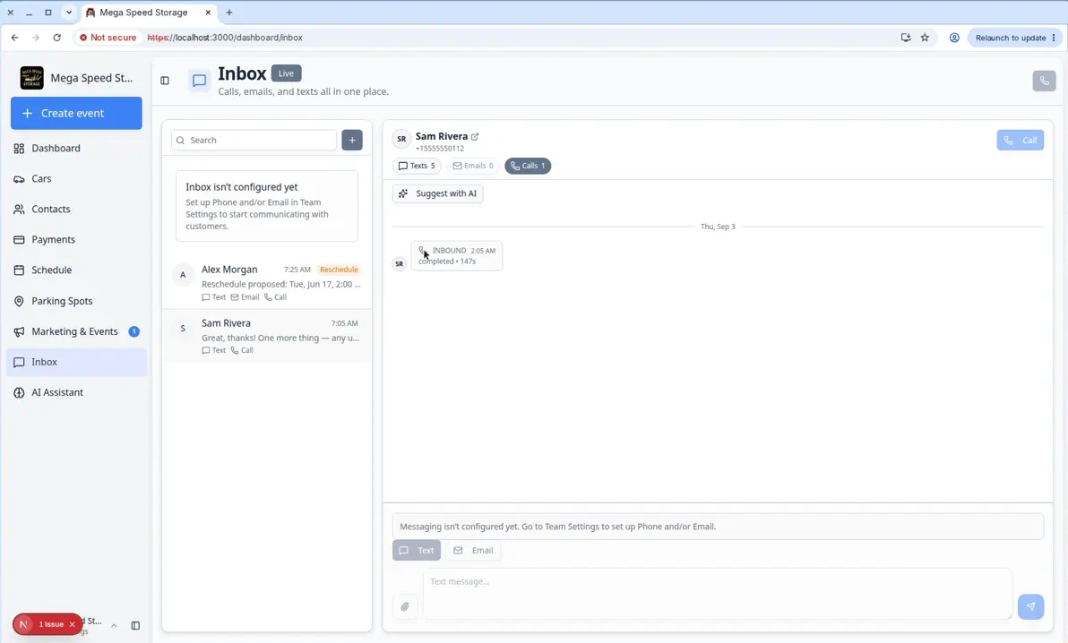 Inbox call entry with Transcript expanded showing a summary of the customer's pickup and service request