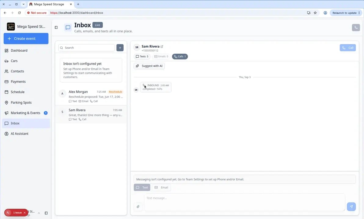 Inbox call entry with Transcript expanded showing a summary of the customer's pickup and service request
