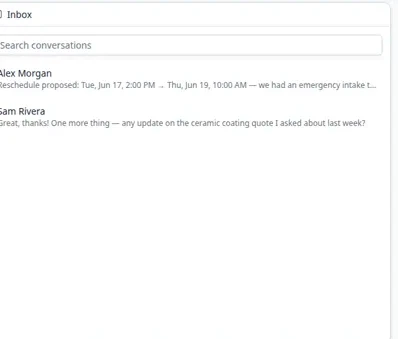 Overview dashboard showing an Inbox panel with customer names, unread badges, and a Search conversations field