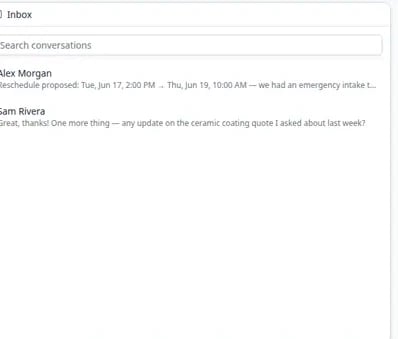 Overview dashboard showing an Inbox panel with customer names, unread badges, and a Search conversations field