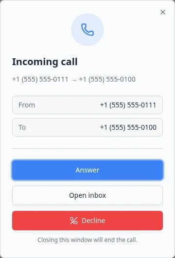 Incoming call dialog showing From and To phone numbers with Answer, Open inbox, and Decline buttons