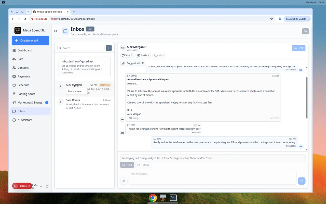 Inbox conversation list with a menu open showing the Mark unread option