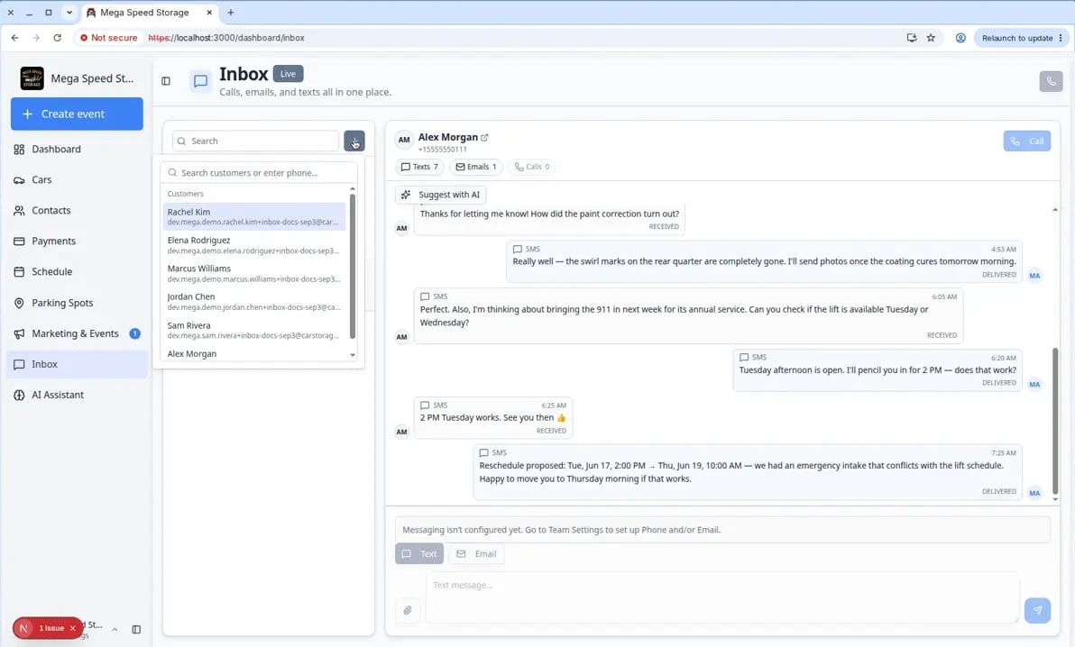 Inbox new conversation search showing a customer search for Sam Rivera
