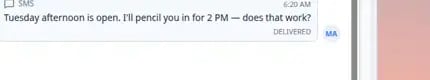 Inbox timeline showing outbound text messages with team member initials on sent messages