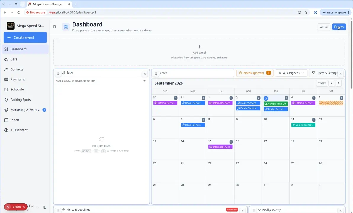 Overview dashboard in edit mode showing draggable panels including Inbox, Events table, Quick actions, and CRM board with Save and Cancel buttons at the top