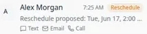Inbox conversation list showing Alex Morgan with an orange Reschedule badge and preview text that begins with Reschedule proposed