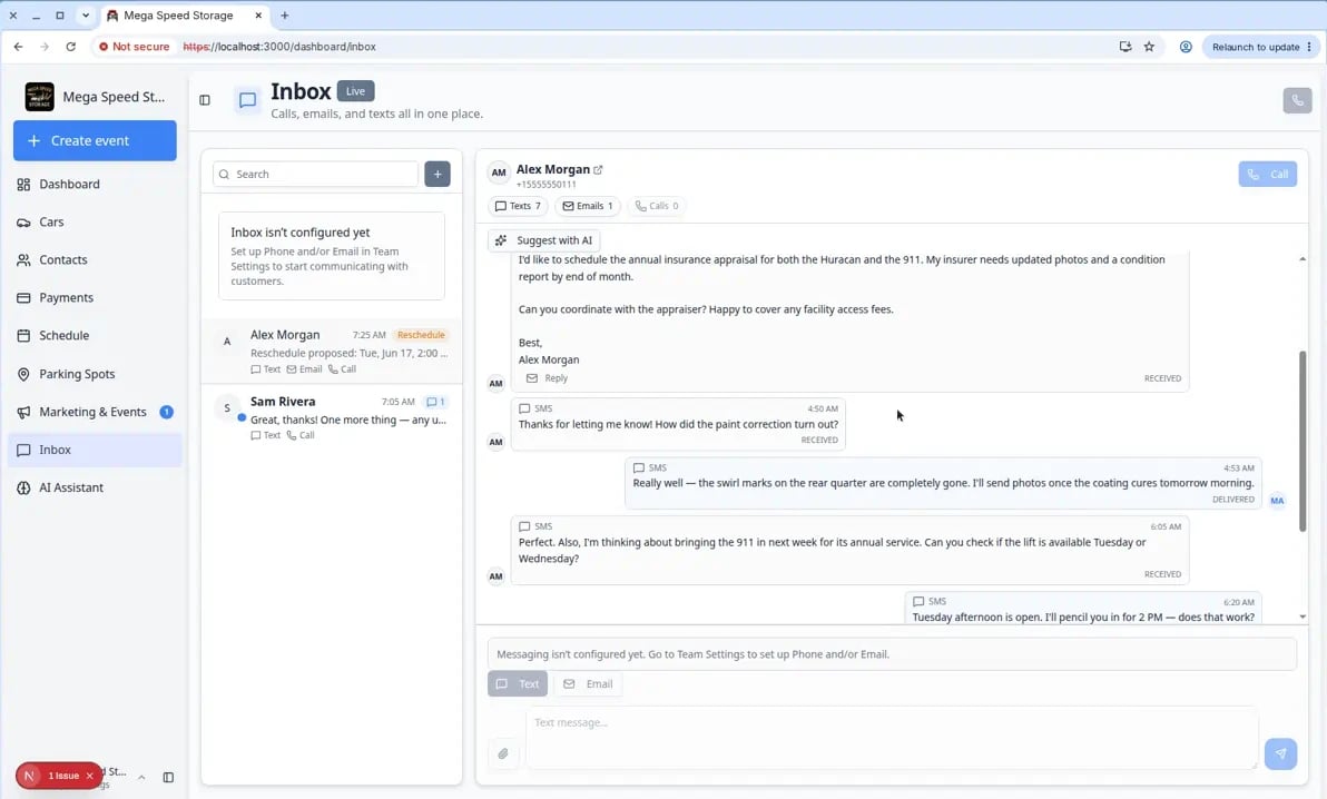 Inbox conversation with Alex Morgan selected showing a Reschedule proposed text message with old and new appointment times