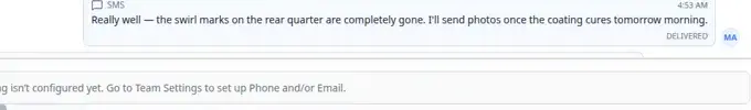 Inbox timeline showing an outbound text message with a delivered status label beneath the message bubble