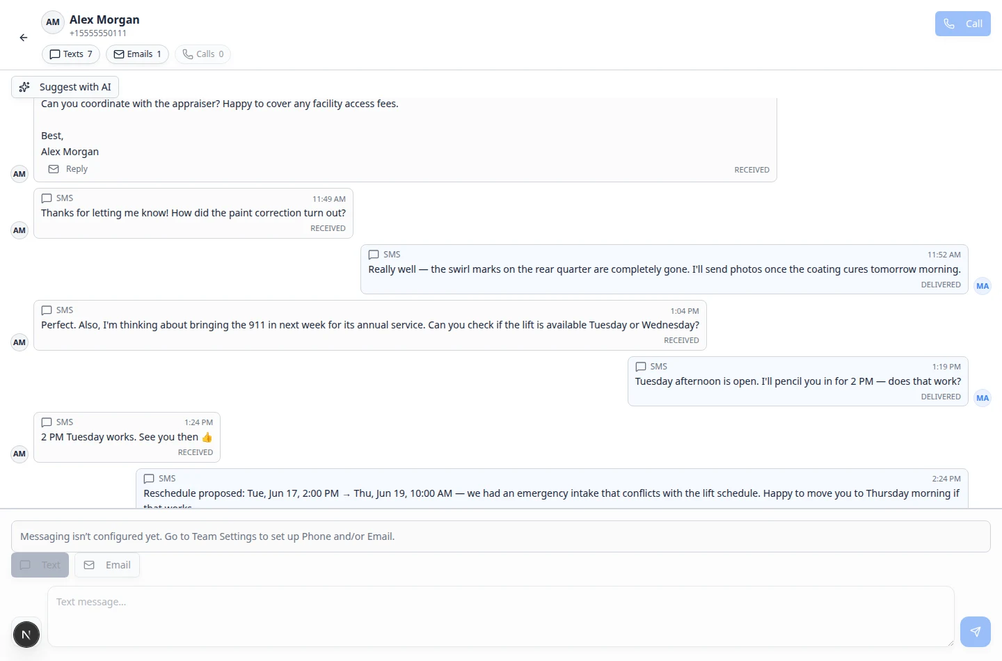 Inbox text composer showing an image attachment preview above the message field before sending
