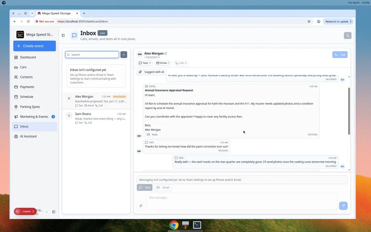 Inbox conversation showing Text and Email tabs at the bottom and a Call button near the top of the timeline