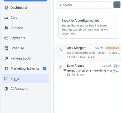 Close-up of the Inbox conversation list showing bold unread names, blue dots, channel count badges, and a Reschedule badge