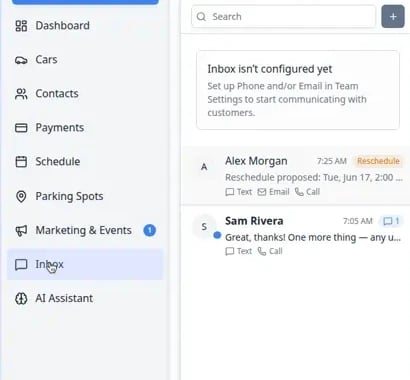 Close-up of the Inbox conversation list showing bold unread names, blue dots, channel count badges, and a Reschedule badge