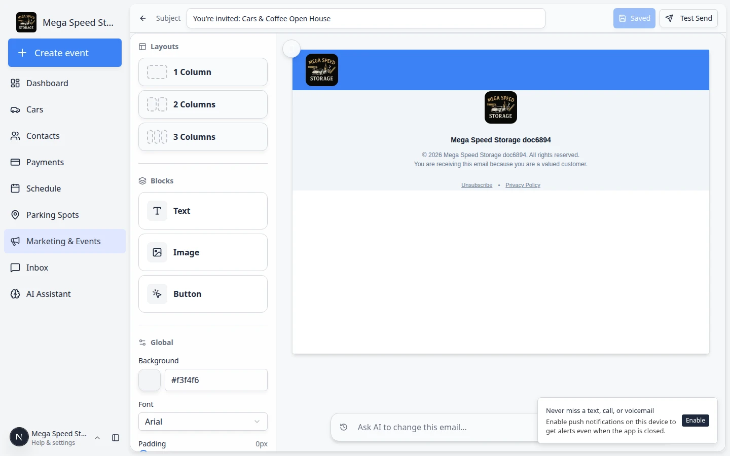 Edit Email screen with subject line and email body editor for a draft campaign