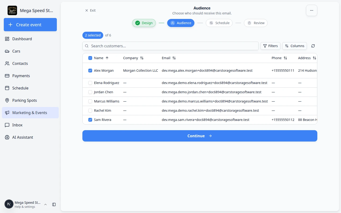 Campaign setup wizard Audience step with customer checkboxes