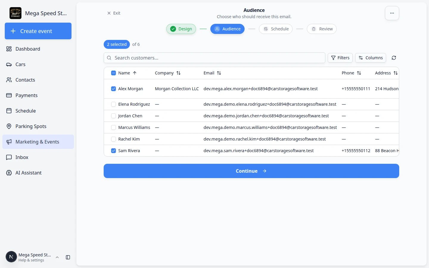 Campaign setup wizard Audience step with customer checkboxes