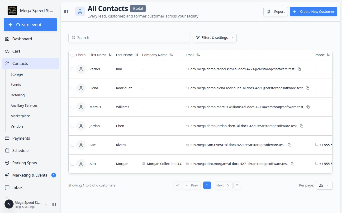 Contacts list showing demo customers including Alex Morgan that staff can look up in the AI Assistant