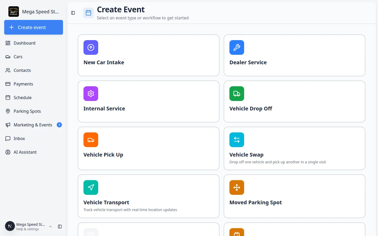 Dashboard sidebar with AI Assistant listed below Inbox on the Create event home